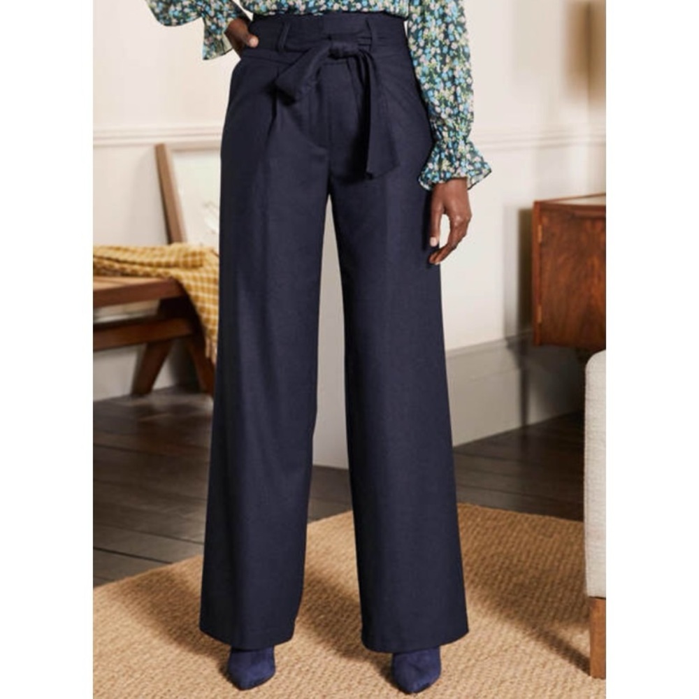 Boden Navy Blue Tie Waist Wide Leg Trousers Pants, 6